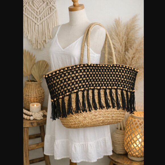 Handmade Handbags - Handmade Braided Straw Basket Tote Boho Crochet Beaded Trim Drawstring Bag